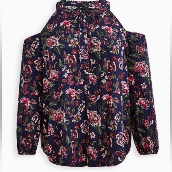 Torrid Crinkle Gauze Cold Shoulder Tie-Front Top Blue With Floral Print Size 2 - Picture 12 of 12